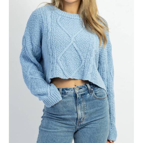 MABLE Pale Collared Striped Cropped Cable Knit Sweater